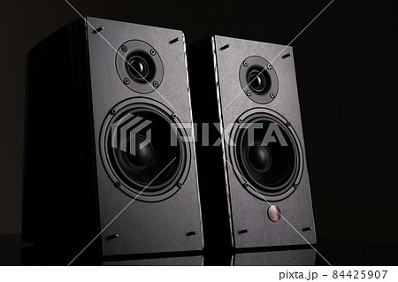 an image photograph of a pair of hi-fi level music speakers with two speakers on a black background 84425907