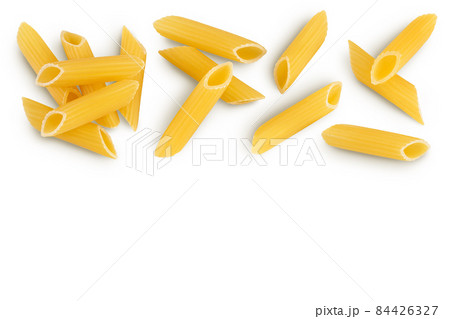 Raw italian penne rigate pasta isolated on white background with clipping path. Top view with copy space for your text. Flat lay Raw italian penne rigate pasta isolated on white background with clipping path. Top view with copy space for your text. Flat lay 84426327