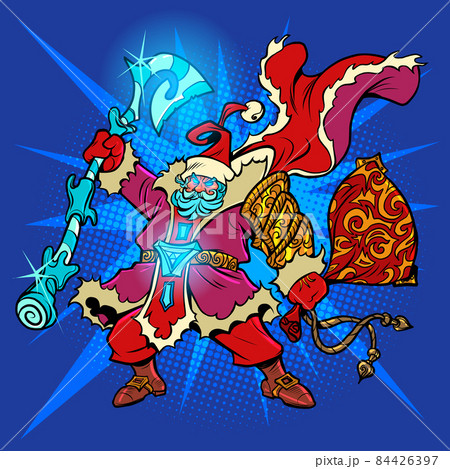 Santa Claus with an ice axe. A fabulous warrior character. Christmas and New Year winter holidays 84426397