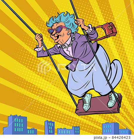 a old woman on a swing, laughing and having fun, flying over the city 84426423