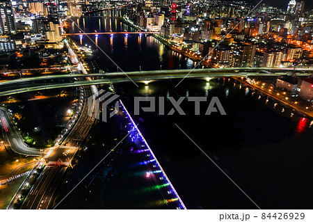 新潟市の夜景 (朱鷺メッセよりブルーライトアップの萬代橋を望む) 84426929