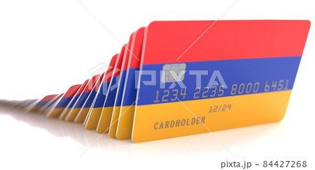 Line of fallen credit cards with flags of Armenia on white background, 3d rendering 84427268