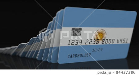 Falling plastic cards with flag of Argentina on dark background, fictional data on card mockups. Economic crisis conceptual 3d rendering 84427286