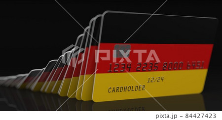 Domino effect, falling credit cards with flag of Germany, fictional data on card mockups. Financial crisis related 3d rendering Domino effect, falling credit cards with flag of Germany, fictional data on card mockups. Financial crisis related 3d rendering 84427423
