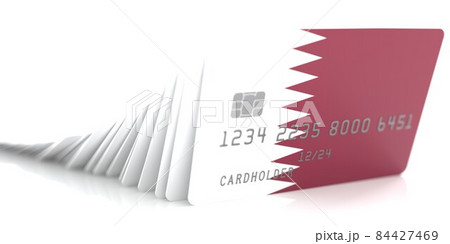 Line of fallen credit cards with flags of Qatar on white background, 3d rendering 84427469