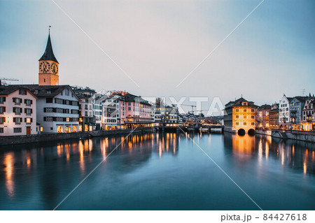 panorama of Zurich city center with Frau Munster and Grossmunster 84427618