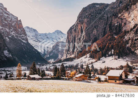 amazing touristic alpine village in winter  Lauterbrunnen  Switzerland  Europe 84427630