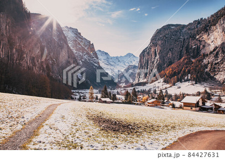 amazing touristic alpine village in winter  Lauterbrunnen  Switzerland  Europe 84427631