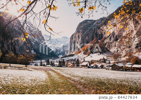 amazing touristic alpine village in winter  Lauterbrunnen  Switzerland  Europe 84427634