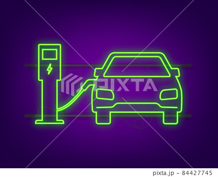 Electric vehicle charging station icon. Ev charge. Electric car. Neon icon. Vector illustration 84427745