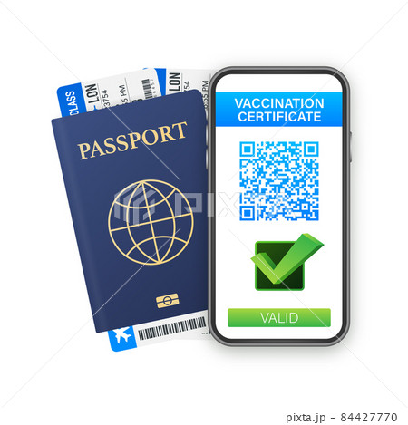 Vaccination digital certificate on smartphone. Phone screen with qr-code and pass check mark vaccinated. Health passport. Vector stock illustration. 84427770