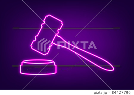 Wooden judge gavel and soundboard neon sign. Vector stock illustration. 84427796