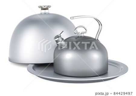 Restaurant cloche with big metallic kettle with a whistle. 3D rendering 84429497
