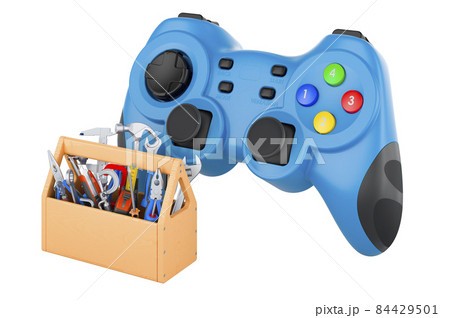 Gamepad with toolbox. Service and repair of gamepad, 3D rendering Gamepad with toolbox. Service and repair of gamepad, 3D rendering 84429501