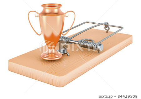 Gold trophy cup award inside mousetrap, 3D rendering 84429508
