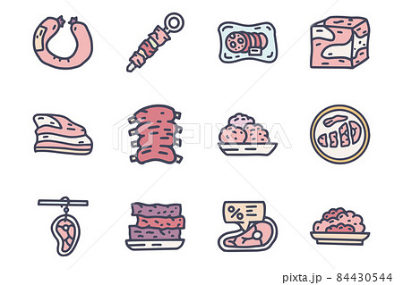 Meat department color vector doodle simple icon set Meat department color vector doodle simple icon set 84430544