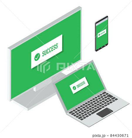 シンプルな成功画面を表示するモニタ, ノートパソコン, スマートフォンなどデバイス のベクターイラス シンプルな成功画面を表示するモニタ, ノートパソコン, スマートフォンなどデバイス のベクターイラス 84430671