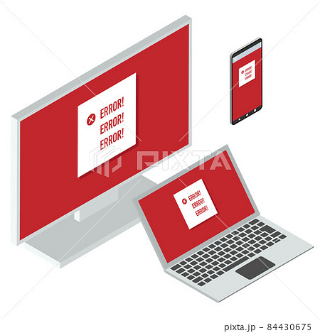 エラー画面を表示するモニタ ノートパソコン スマートフォンなどデバイス のベクターイラスト 右向のイラスト素材