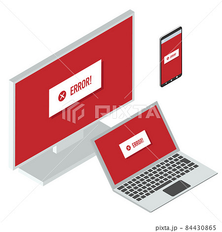エラー画面を表示するモニタ ノートパソコン スマートフォンなどデバイス ベクターイラスト 右向きのイラスト素材