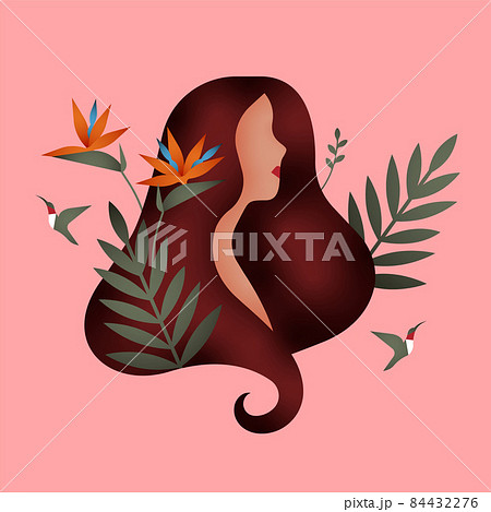 Woman face with nature plant leaf and flowers 84432276