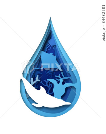 Blue water animal paper cut coral reef fish concept 84432281