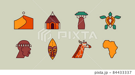 Africa culture travel icon flat outline cartoon set 84433337