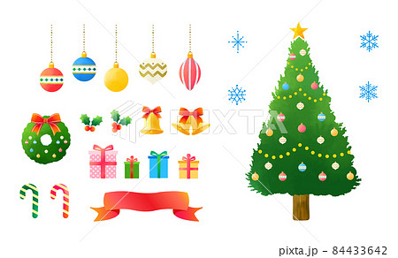 キラキラしたクリスマスツリーとかわいいクリスマスの飾りセットのイラスト素材