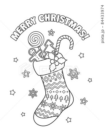 Christmas sock with candies and greeting. Cartoon vector coloring illustration. 84433974