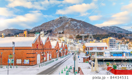 Cityscape of the historic red brick warehouses at twilight in Hakodate Hokkaido Japan in winter Cityscape of the historic red brick warehouses at twilight in Hakodate Hokkaido Japan in winter 84434531