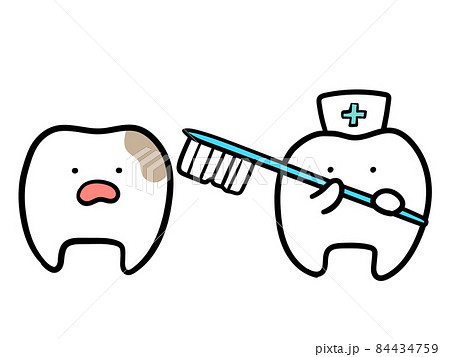 歯の汚れを歯ブラシで落とそうとするかわいい歯の手書き風イラストのイラスト素材