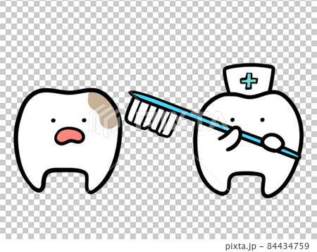 歯の汚れを歯ブラシで落とそうとするかわいい歯の手書き風イラストのイラスト素材