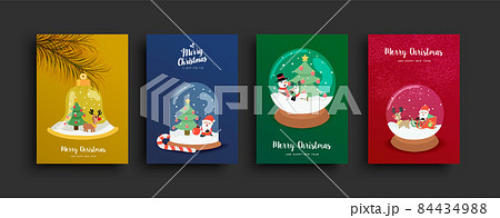 Christmas New Year cartoon snow globe card set 84434988