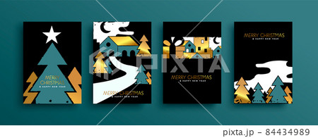 Christmas New Year gold winter city card set 84434989