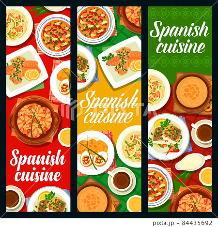 Spanish food, Spain cuisine dishes banners, vector traditional lunch and dinner tapas. Spanish cuisine food paella noodles, meat and seafood, trout fish with Iberian ham sauce, stuffed eggs and coffee Spanish food, Spain cuisine dishes banners, vector traditional lunch and dinner tapas. Spanish cuisine food paella noodles, meat and seafood, trout fish with Iberian ham sauce, stuffed eggs and coffee 84435692
