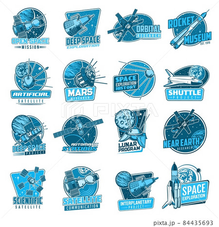 Space discovery, cosmos research and satellites technology icons. Artificial satellites and orbital space station, rocket and shuttle spaceship vector. Galaxy exploration mission retro icons Space discovery, cosmos research and satellites technology icons. Artificial satellites and orbital space station, rocket and shuttle spaceship vector. Galaxy exploration mission retro icons 84435693