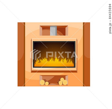 Home interior fireplace with firewood. Modern house vector glass fronted fireplace with marble stone surround, chimney pipe and firewood chunks or logs storage. Fake, decorative or gas fireplace Home interior fireplace with firewood. Modern house vector glass fronted fireplace with marble stone surround, chimney pipe and firewood chunks or logs storage. Fake, decorative or gas fireplace 84435694