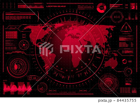 HUD ui, futuristic user interface and infographics with danger, warning, hacking, viruses or trojan alert signs. Red vector hologram of dashboard panel digital screen with world map and graphs 84435755