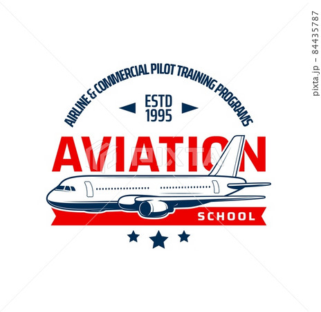 Aviation school icon for pilots and aviators training, vector flight education emblem. Airline and commercial aircraft pilots training courses and pilots academy or avia instructor icon with plane 84435787
