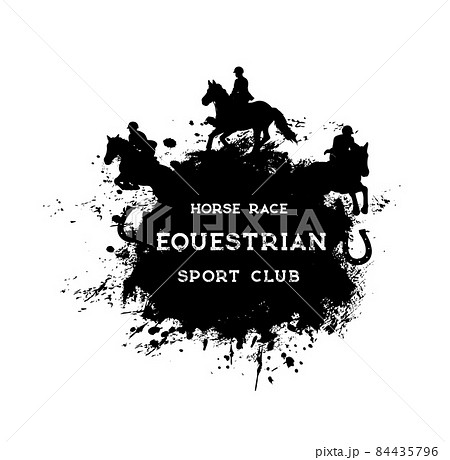 Horse racing, riding and polo, equestrian sport grunge vector banner. Equine races sport emblem of horse racing tournament. Jockey polo or steeplechase rides, horseshoe on black paint splash Horse racing, riding and polo, equestrian sport grunge vector banner. Equine races sport emblem of horse racing tournament. Jockey polo or steeplechase rides, horseshoe on black paint splash 84435796