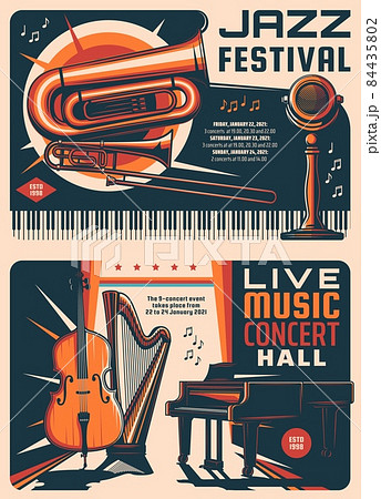 Jazz festival and music concert retro posters. Music live show, band performance or concert hall vector vintage banners with grand piano, harp and contrabass, trombone, euphonium and microphone 84435802