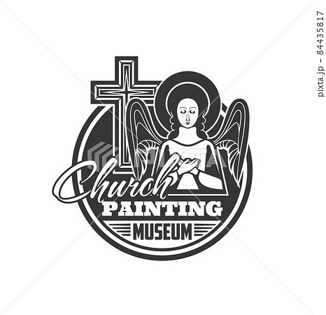 Church painting museum icon. Christianity religion history exhibition, Christian church spiritual art museum round emblem, monochrome vector label or icon with praying winged angel and cross 84435817