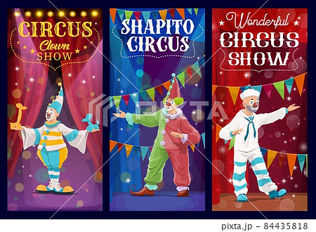 Shapito circus clowns and harlequin characters. Cartoon vector funsters in bright costumes on stage with backstage. Jester artists or performers on big top arena. Carnival show banners set 84435818