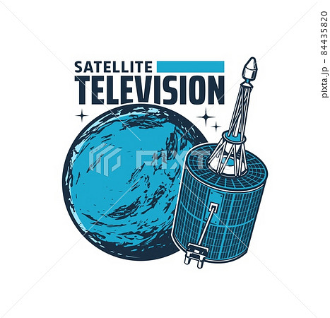 Telecommunication satellite vector icon. Broadcast dish in space with antenna. Television and radio communication broadcasting channel satellite with radar or navigation space station 84435820