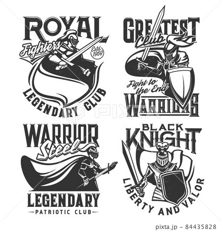 Tshirt prints with knights and swords vector mascots for fighter or patriotic club. Medieval warrior in helmet and cape attack. T shirt prints design with typography, isolated monochrome labels set 84435828