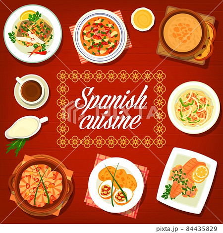 Spanish cuisine food Spain dishes traditional meal, vector restaurant menu cover. Spanish cuisine food, coffee drinks and tapas, noodle paella fideua with seafood, garlic soup and cod fish 84435829