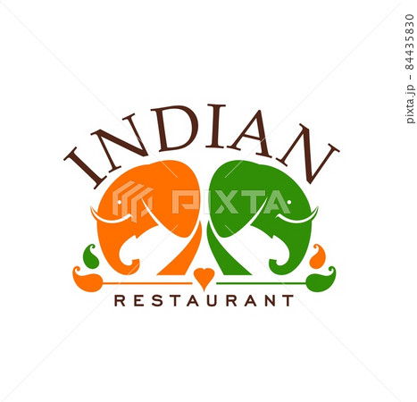 Indian cuisine restaurant icon with orange and green elephants heads, chili peppers. Indian food cafe or restaurant vector graphic emblem or icon with animals and hot spice or seasoning Indian cuisine restaurant icon with orange and green elephants heads, chili peppers. Indian food cafe or restaurant vector graphic emblem or icon with animals and hot spice or seasoning 84435830