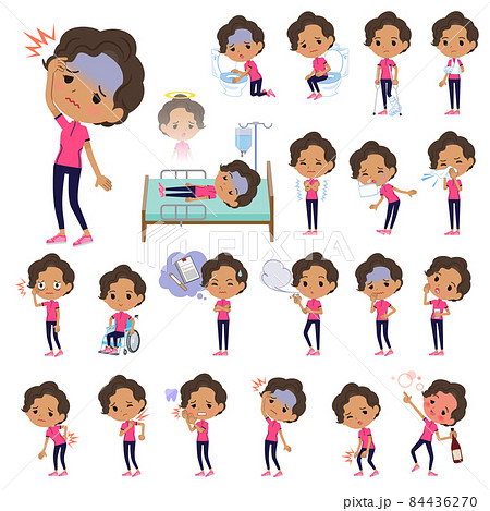 怪我や病気の状態のスポーツウエアを着たアフリカ系アメリカ人女性のセットのイラスト素材