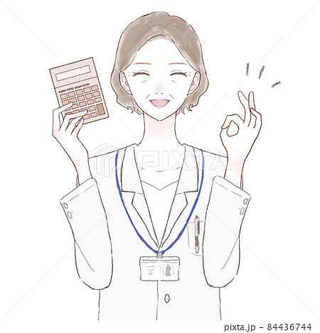 電卓を持ってOKサインを出す中年の女性医師 84436744