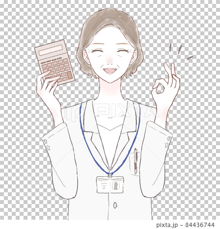 電卓を持ってOKサインを出す中年の女性医師 84436744