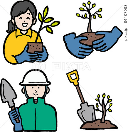 Tree planting illustration material set - Stock Illustration [84437008] -  PIXTA